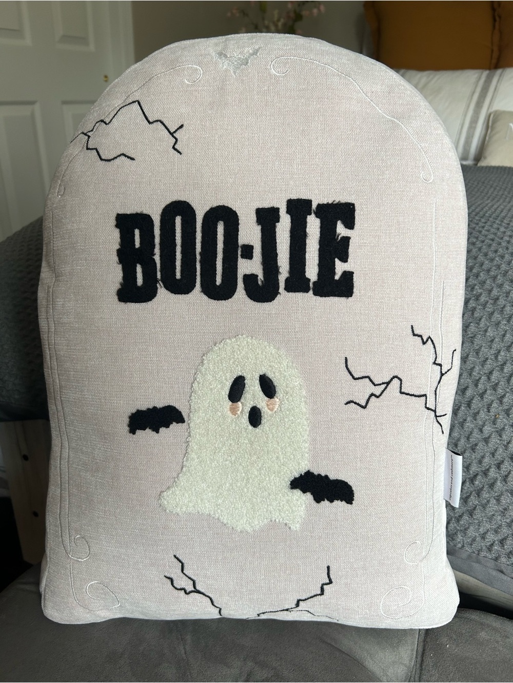 cupcakes & cashmere Cream 'Boo-jie' Ghost Accent Pillow with Black Details